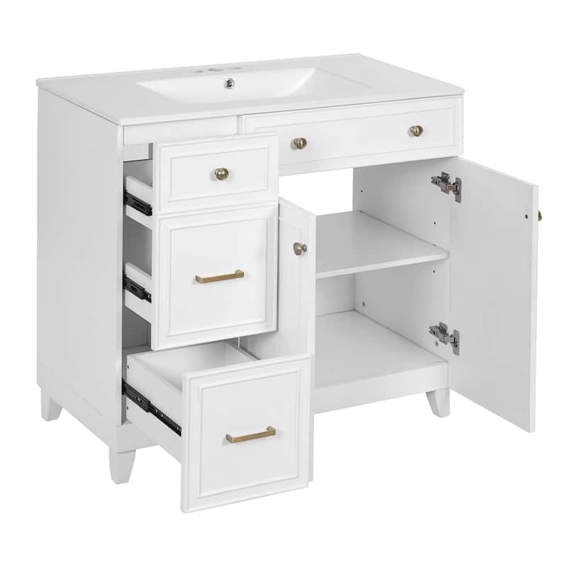 GDFStudio - Elise Wood & Resin 36" Transitional Bathroom Vanity with Sink, 2 Drawers, Shelf & 2 Doors