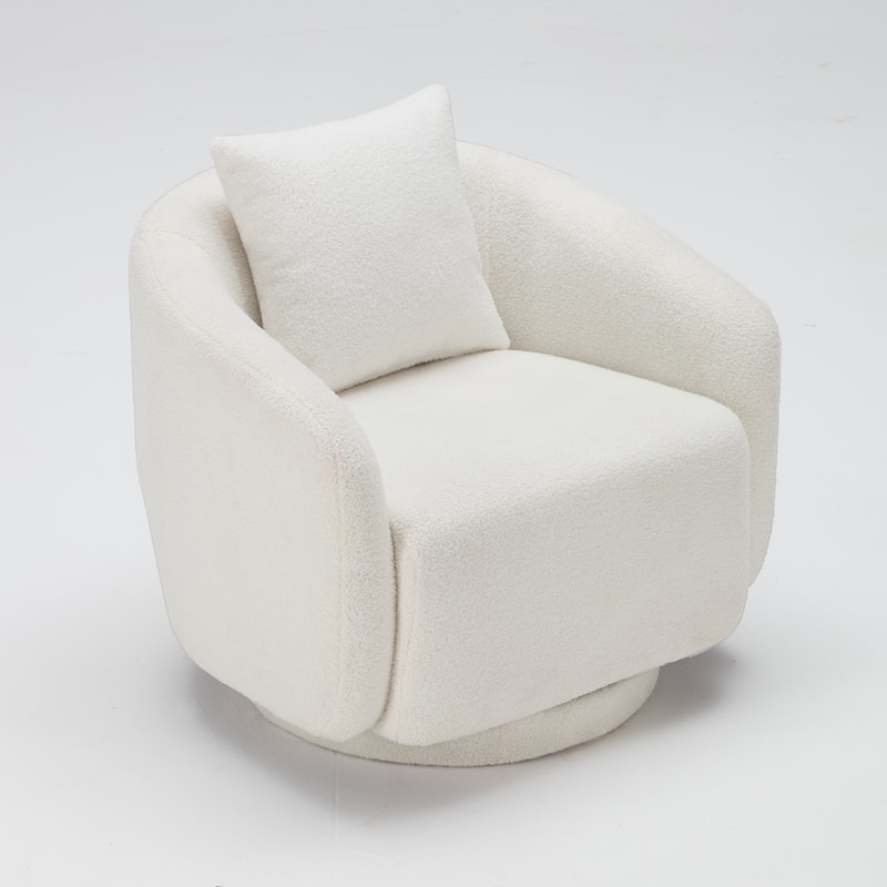 Swivel Accent Chair, Barrel Armchair with Back Pillow & Wood Frame for Living Room, Bedroom, Office - White
