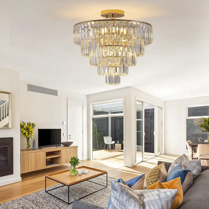 Crystal Chandeliers, 5-Tier Round Semi Flush Mount Chandelier Light Fixture,Large Contemporary Luxury Ceiling Lighting