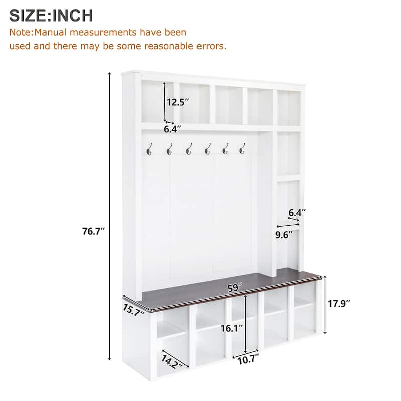 Farmhouse Wooden Style 4-in-1 Hall Tree with Storage Bench and Shoe Cubbies - 59" W × 15.7" D × 76.7" H