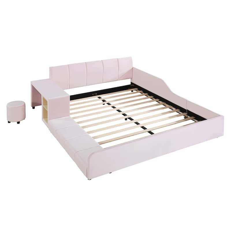 Queen Size Upholstered Mother & Child Platform Bed w/ Bedside Desk & Little Round Stool