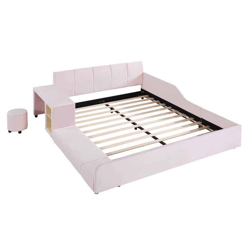 Queen Size Velvet Upholstered Platform Bed with Bedside Desk and Stool, Pink