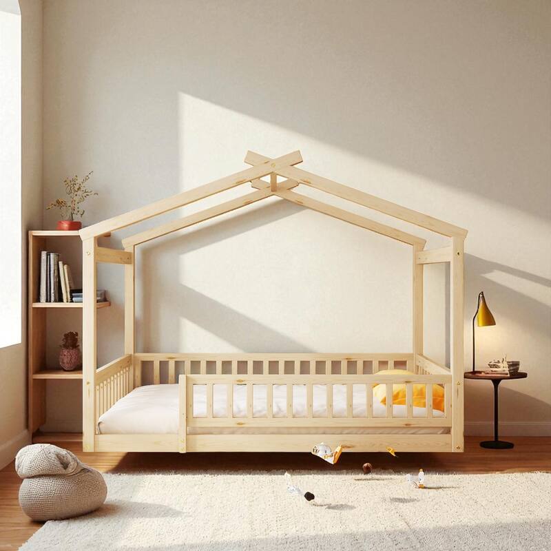 Twin/Full Size Wooden House Bed Frame with Fence and Roof, Playhouse Style for Kids and Teens