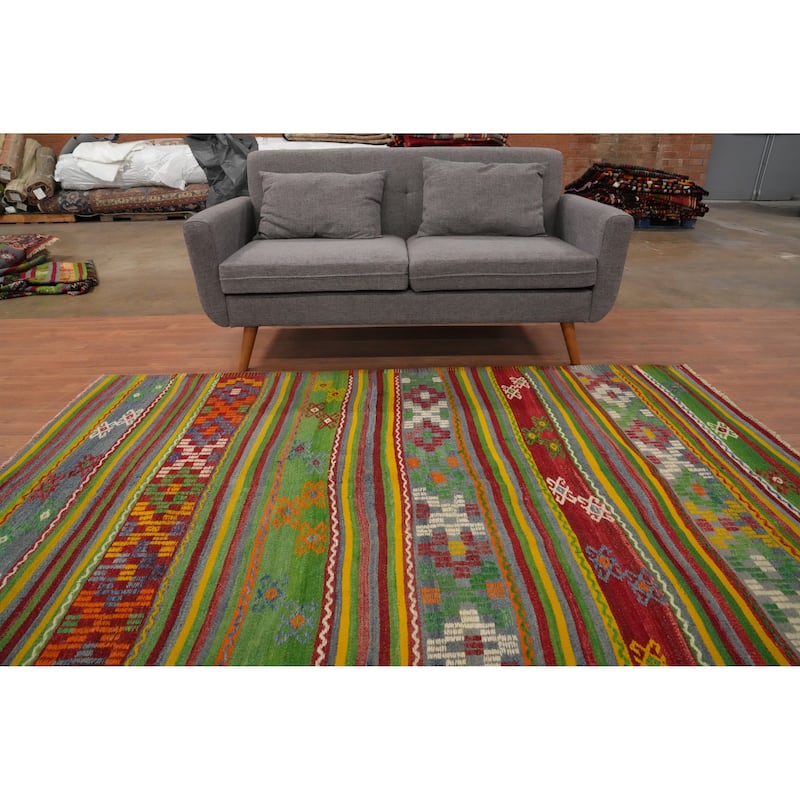Hand Woven Oriental 100% Wool Carpet Southwestern Tribal Green Kilim Area Rug - 7' 8'' X 5' 4''