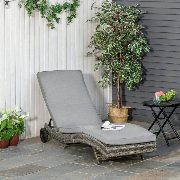 Outsunny Outdoor Pe Rattan Patio Chaise Lounge Chair With 5 Backrest Angles 2 Wheels For Easy Movement Grey Overstock 33094382