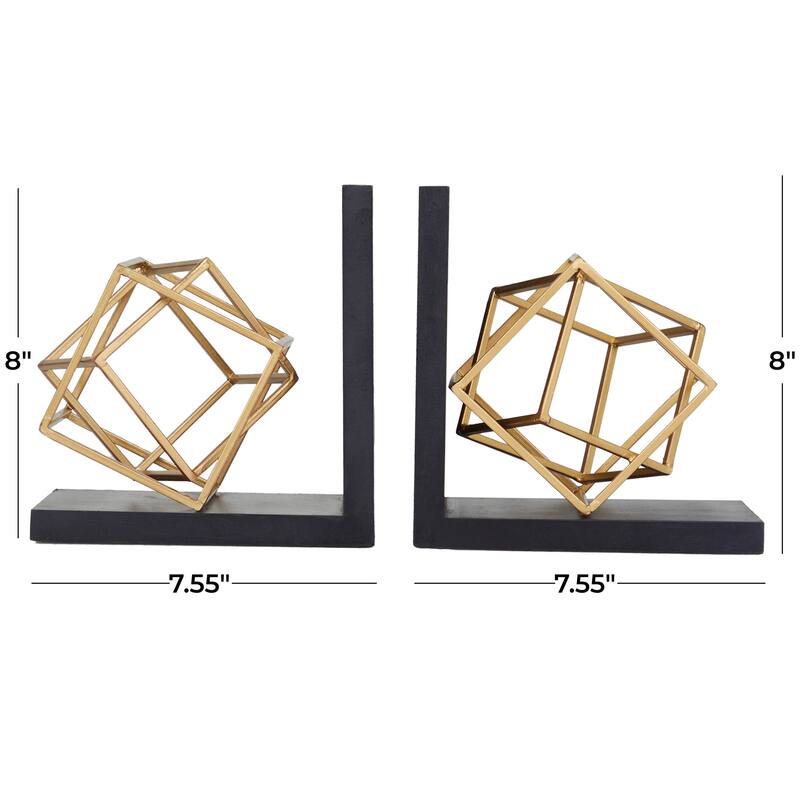 Stainless Steel Metal Geometric Overlapping Cube Bookends with Black Bases - Set of 2 Gold - Roche River Decor - 6"W x 8"L x 8"H