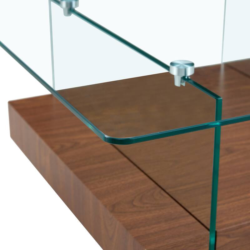 Roomfitters Square Glass Coffee Table with Walnut Finish, Two-Tier Modern Accent Table for Compact Spaces