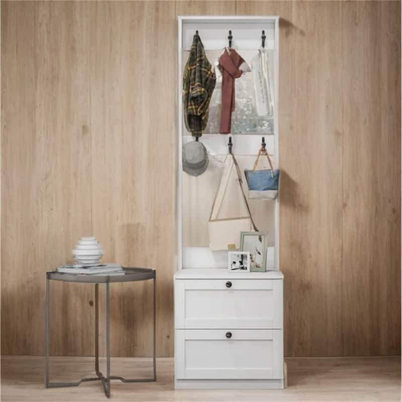 2-in-1 Freestanding Wood Coat Rack with Drawer and Hooks