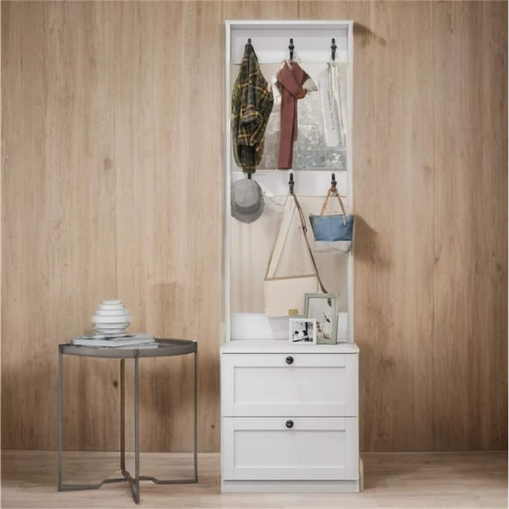 2-in-1 Freestanding Wood Coat Rack with Drawer and Hooks