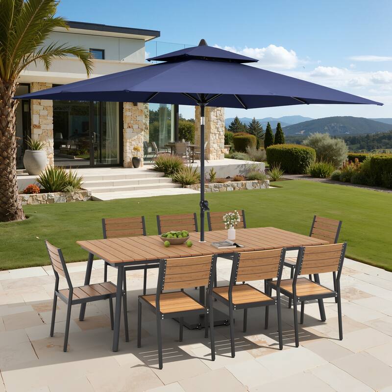 11-Piece Outdoor Dining Set Aluminum Table and 8 Stackable Chairs w/ 10 ft Umbrella and Base Stand - Brown Table with Navy Blue Umbrella