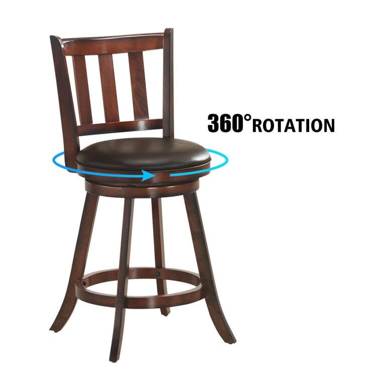 2 Pieces 360 Degree Swivel Wooden Counter Height Bar Stool Set with Cushioned Seat - 25 Inch