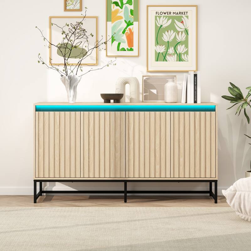 LED Sideboard Buffet Cabinet Storage Cabinet w/ Adjustable Shelf, Carved Cupboard Console Table for Living Room Hallway, Natural