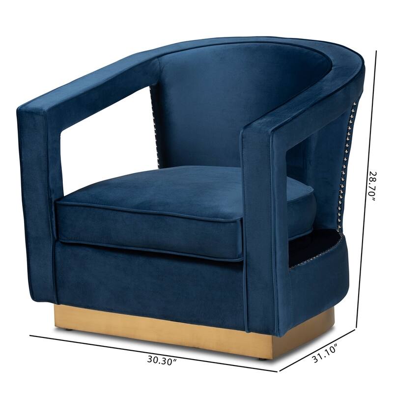 Neville Modern Luxe and Glam Navy Blue Velvet Fabric Upholstered and Gold Finished Metal Armchair - 28.70"H x 30.30"W x 31.10"D