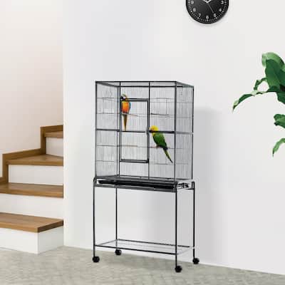 PawHut Bird Cage with Wheels, Storage Shelf, Wood Perch & Food Container - 32" L x 19" W x 64.25" H
