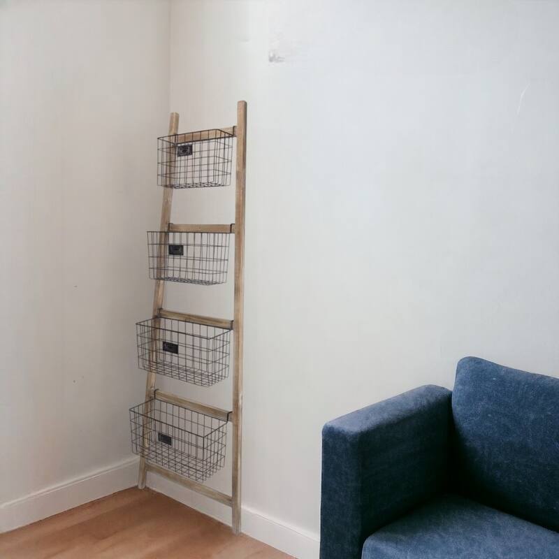 HomeRoots Wooden Ladder Storage Piece with 4 Baskets - Natural and Black