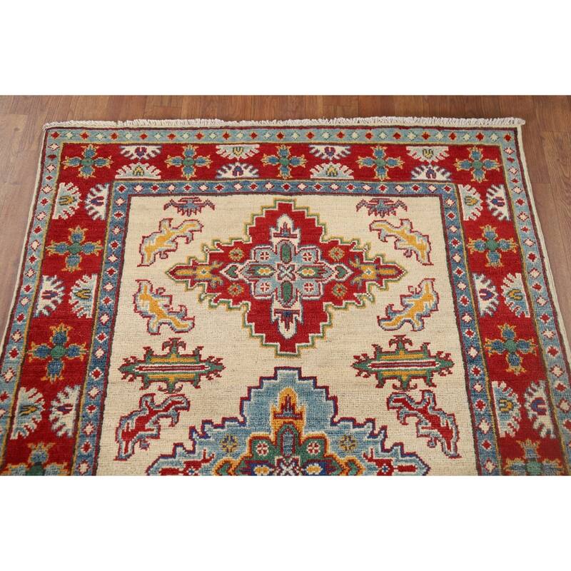 Ivory Geometric Kazak Oriental Accent Rug Handmade Wool Carpet - 3'7" x 5'2"