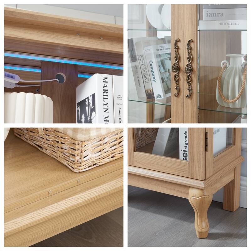 Elegant Light Oak Curio Cabinet with Tempered Glass Doors,LED Light