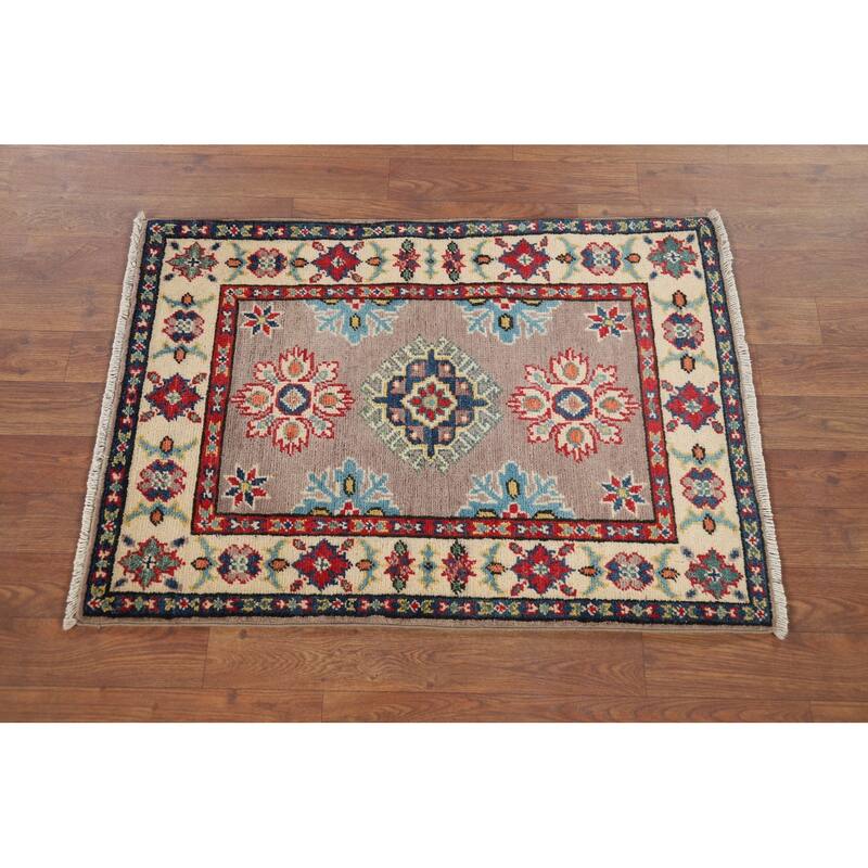 Hand Knotted Oriental 100% Wool Carpet Traditional Geometric Brown Kazak Area Rug - 2' 11'' X 2' 1''