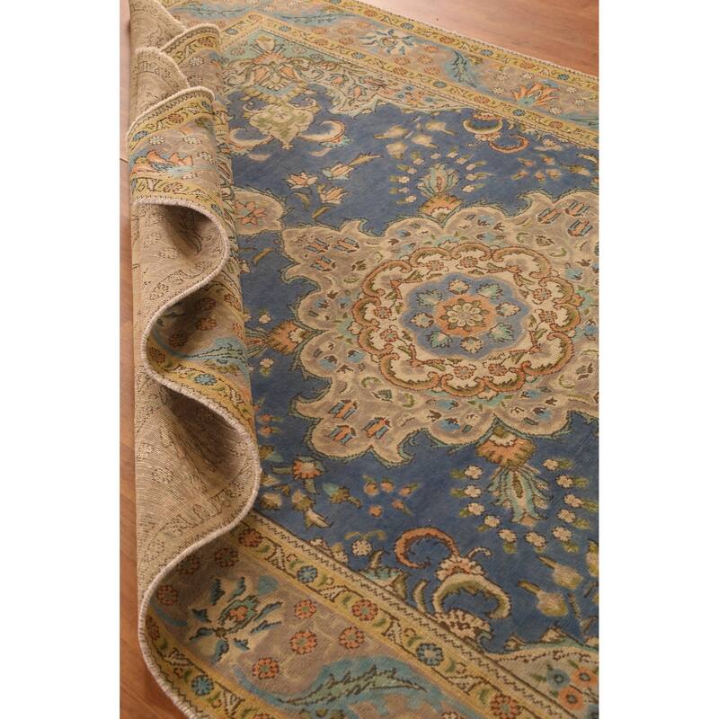 Hand Knotted Oriental 100% Wool Carpet Traditional Floral Navy Blue & Blues Tabriz Area Rug - 9' 10'' X 6' 7''
