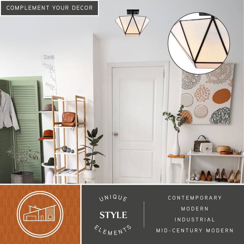 Burnett 2-Light Mid-Century Modern Semi Flush Mount Lighting Ceiling Fixture, White Tiffany Glass Shade for Entryway