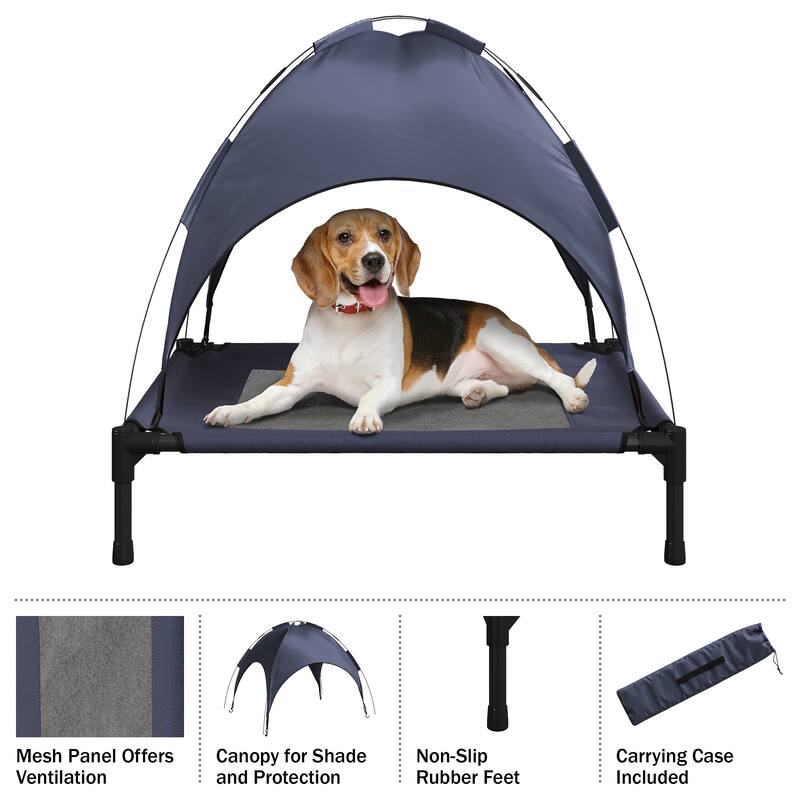 Blue Steel Frame Elevated Dog Bed with Canopy & Non-Slip Feet - Indoor/Outdoor Puppy Cot for Pets - Medium