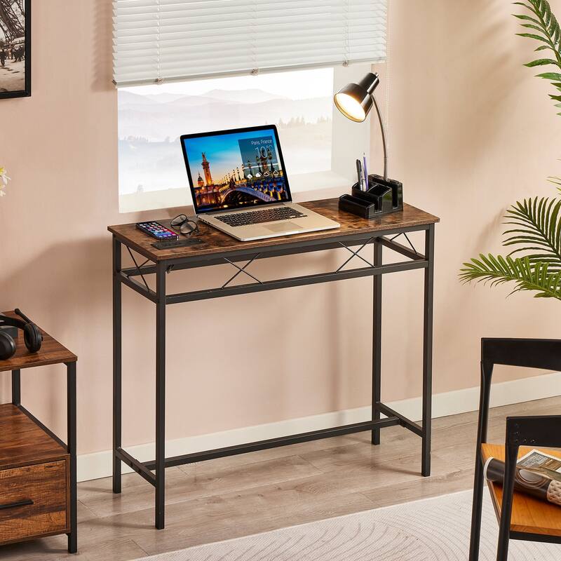 VECELO Industrial Rectangular Wood Console Table with AC Power and USB Charging Ports - 100CM - Rustic Brown