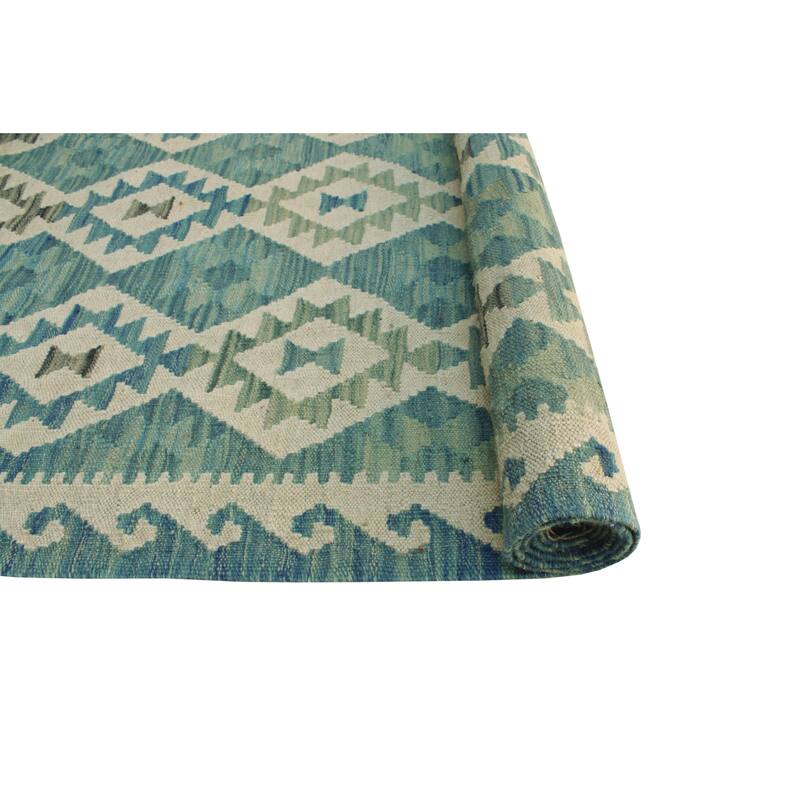 Sun Faded Flatweave Rahmatul Blue-Grey/Ivory Rug - 5'6" x 8'0"