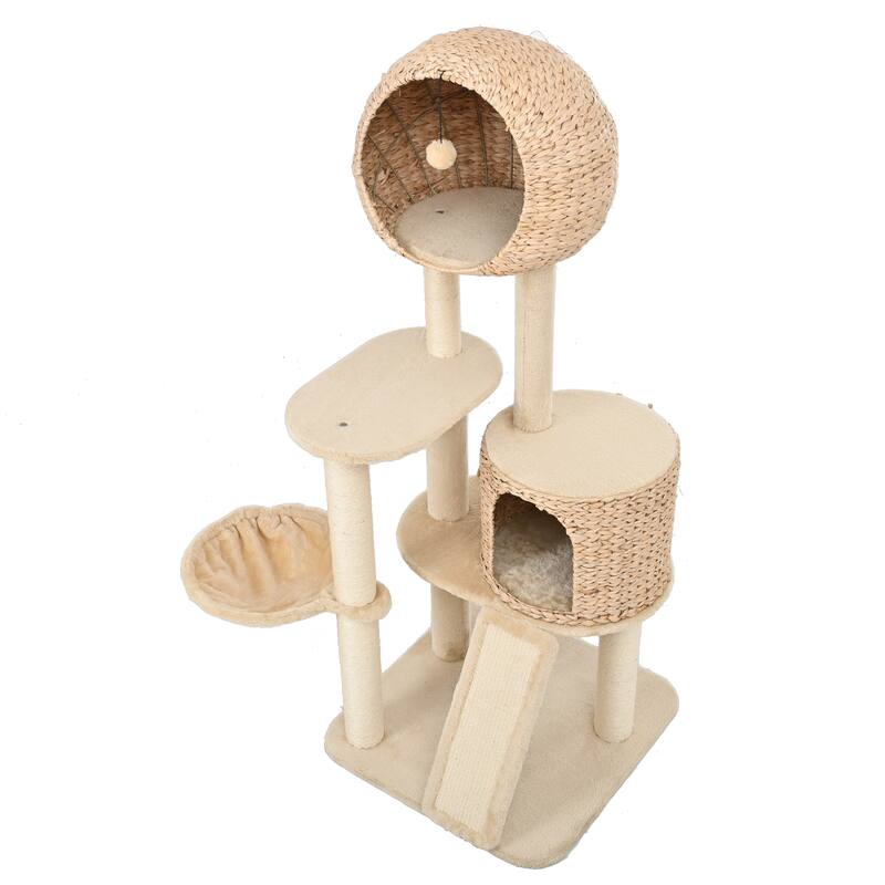 Cat Tree, 59-Inch Cat Tower, Plush Multi-Level Cat Condo with 2 Perches,2 Caves, Cozy Basket and Scratching Board