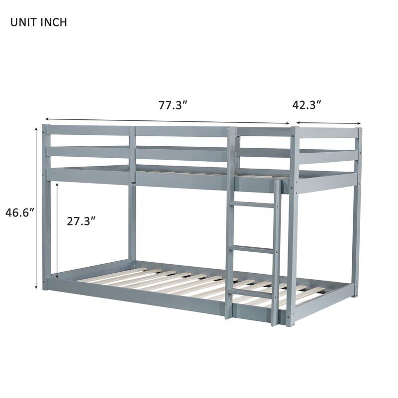 Low Loft Bed with Ladder, Solid Rubber Wooden Bed Frame for Multi Children, Floor Bed - Available with or without Slats