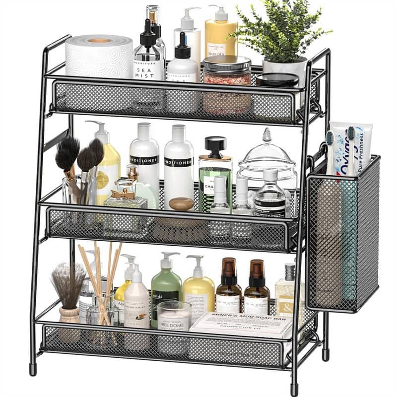 Bathroom Countertop Organizer Shelf - 7"D x 14.2"W x 16.73"H - Black with Basket
