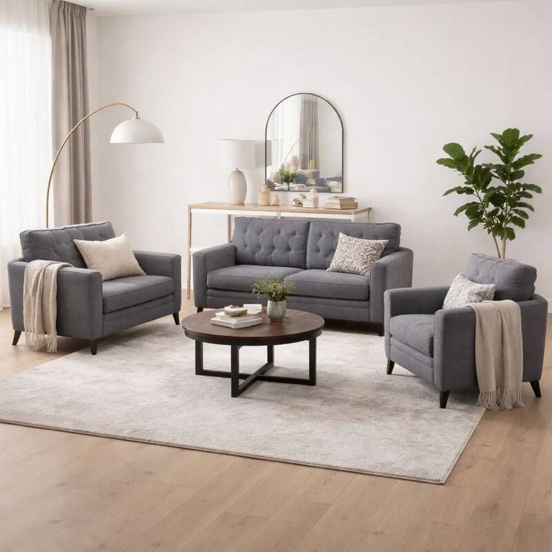 Mico 75 Inch Sofa, Loveseat and Chair Set with Throw Pillows, Dark Gray