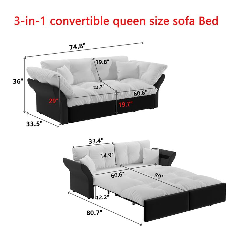 74.8" Convertible Sofa Bed with 2 Pillows, Velvet Loveseat Sleeper Couch, 2 Seater Upholstered Folding Sofa Bed with Flared Arms