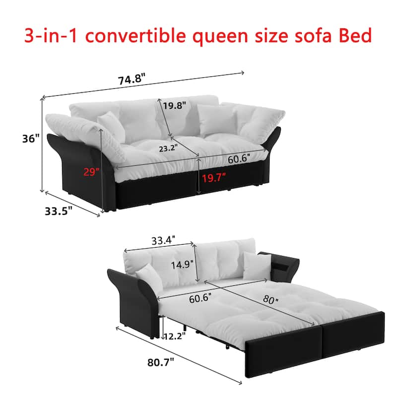 74.8" Queen Pull Velvet Out Sofa Bed, 3-in-1 Convertible Sleeper Tufted Sofa with 2 Soft Pillows-Grey
