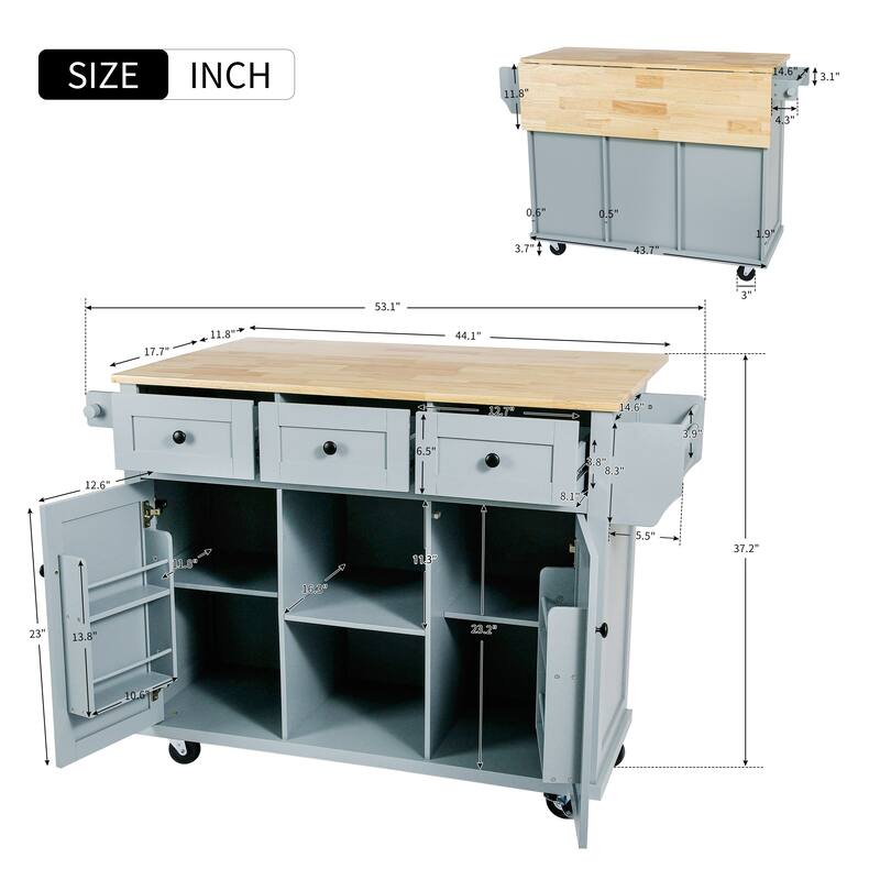 Rolling Kitchen Island Cart with Rubberwood Drop-Leaf Countertop, Storage Cabinet, Drawers & Adjustable Shelves