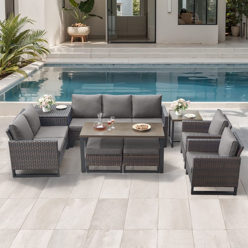 Gymojoy 7-9 Person Outdoor Patio Wicker Conversation Set Group With Armchairs And Ottomans