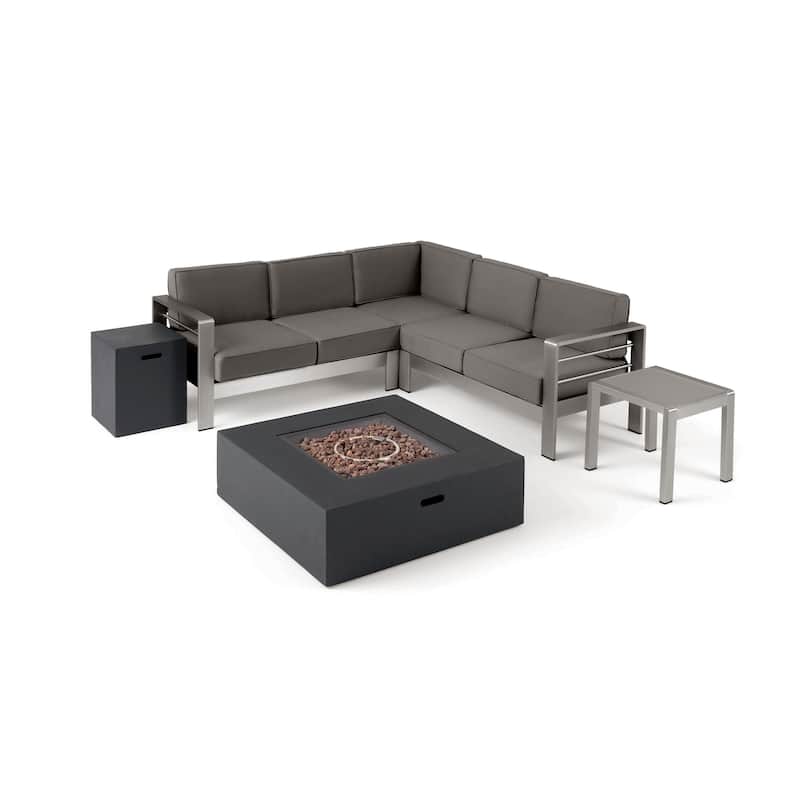 Cape Coral Outdoor 5 Seater Aluminum Chat Set with Fire Pit by Christopher Knight Home - Silver+Khaki+Dark Gray