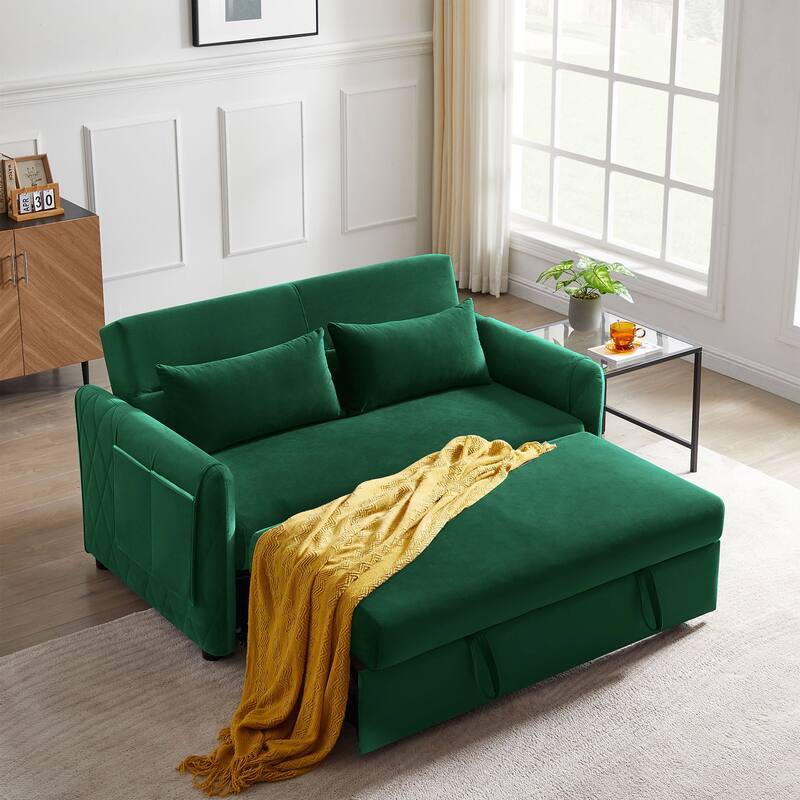 59.5" Modern Convertible Sofa Bed with 2 Detachable Arm Pockets, Velvet Loveseat Sofa with Pull Out Bed - Green