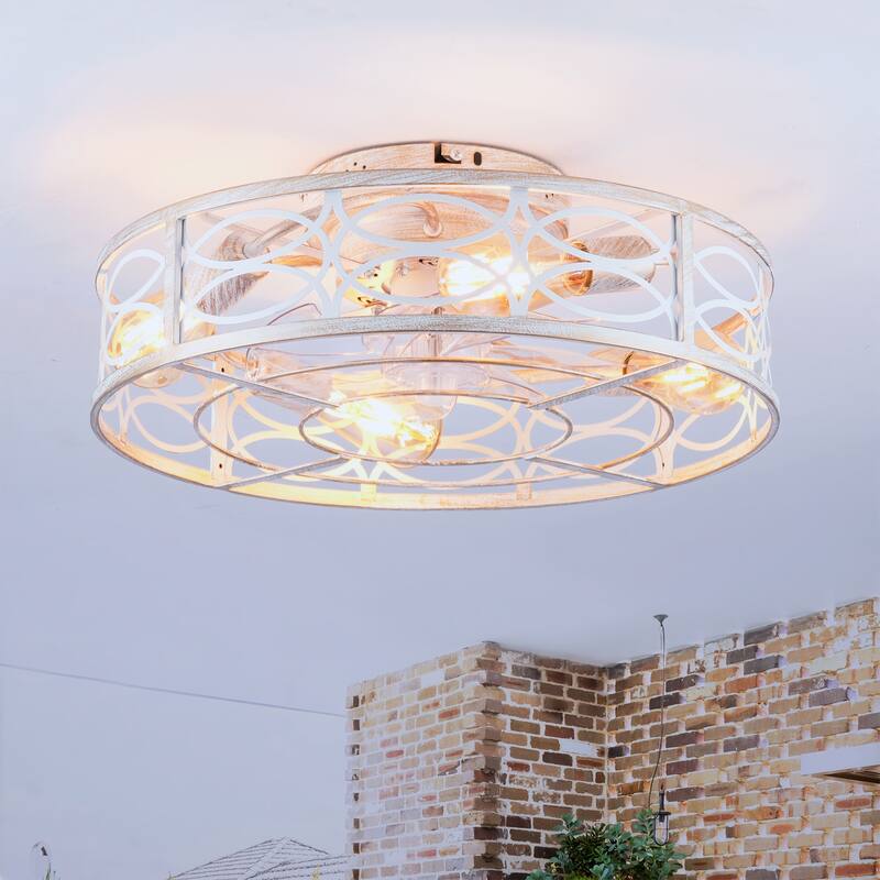 20" Caged Ceiling Fans with Lights,Bladeless Ceiling Fan 6 Speed Reversible with Remote Control,Flush Mount Caged Ceiling Fan