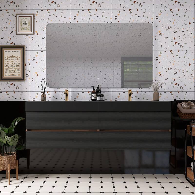 Wall Mounted Bathroom Vanity with Solid Surface Sink and Soft Drawers - 71.7'' x 18.12'' x 25.29'' - Walnut and Black