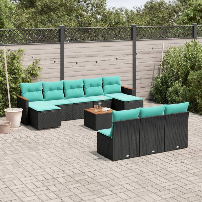 vidaXL 10 Piece Patio Sofa Set with Cushions Black Poly Rattan - 21.7x27.2x24.4 - With table