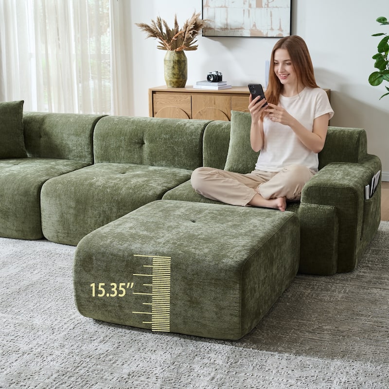 118 inch Oversized 3 Seater L-Shaped Chenille Boneless Modular Sectional Sofa Couch with Movable Ottoman