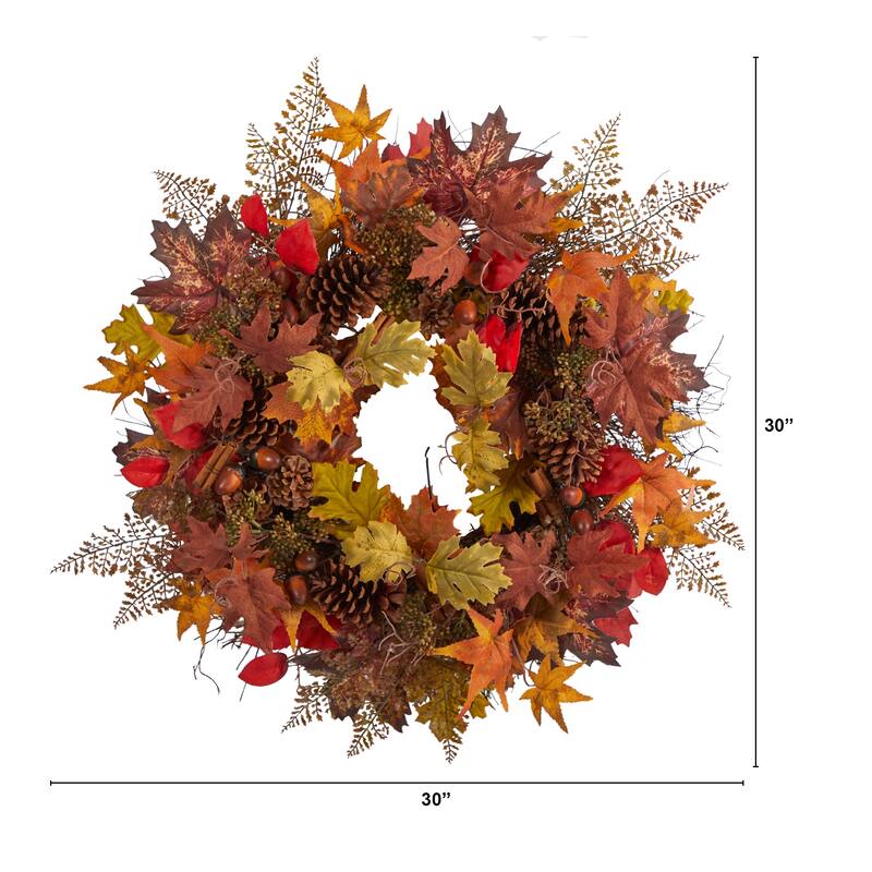 Maple Leaves Acorn Pinecones Cinnamon Sticks Artificial Fall Wreath 30"
