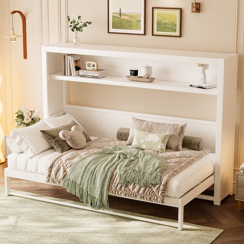Foldable Wall Cabinet Bed Twin Size Murphy Bed with Shelves and USB