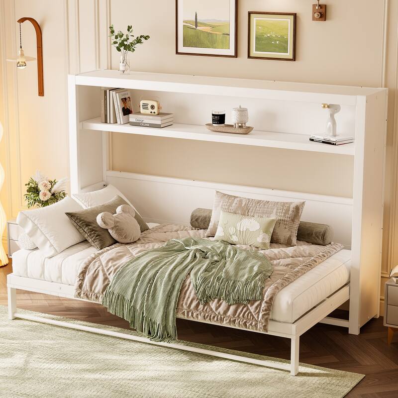 Twin Size Murphy Bed with Shelves, Metal Wall Bed with Foldable and Space-saving Design