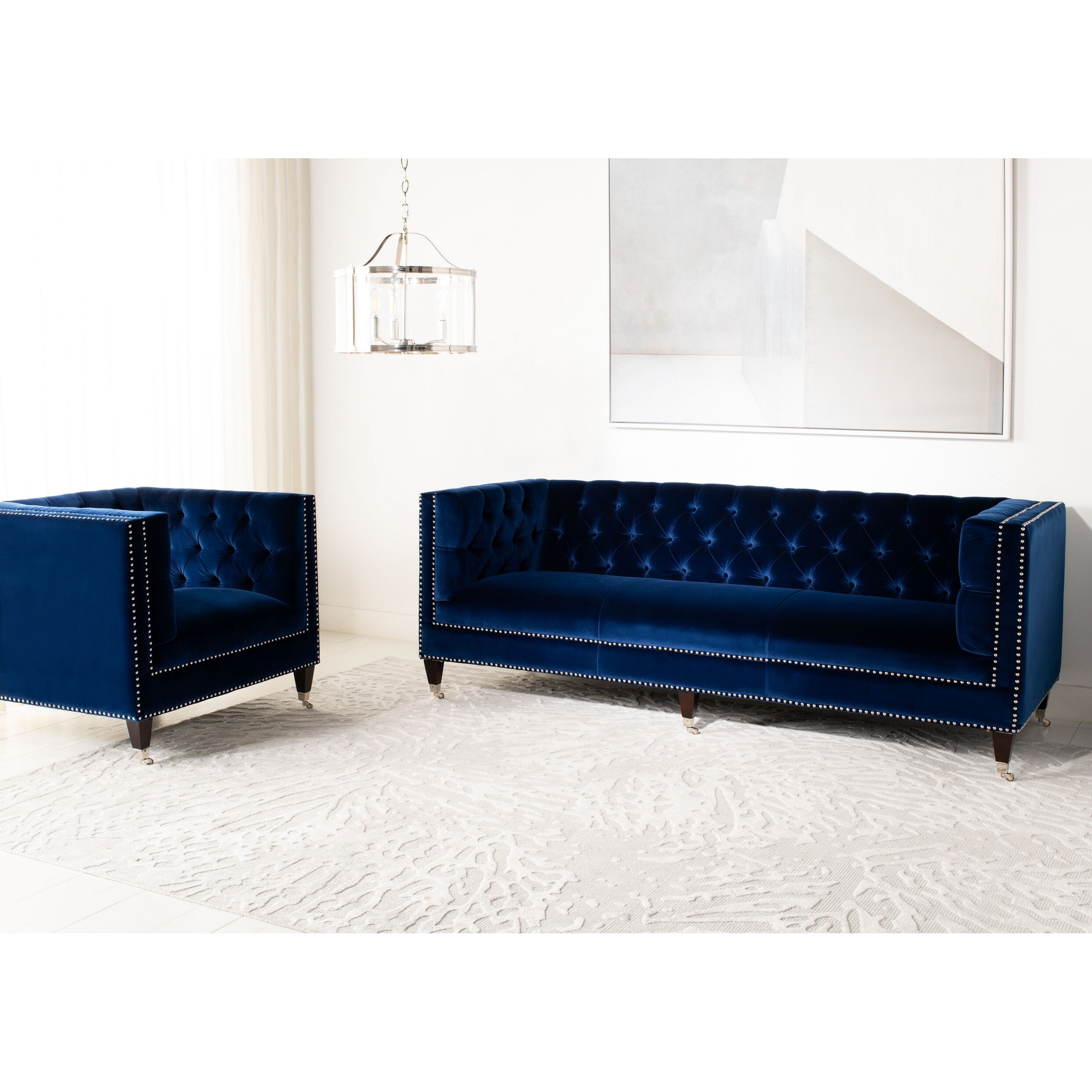 Shop Safavieh Couture Miller Navy Velvet Tufted Commercial Grade Sofa Overstock 11157571