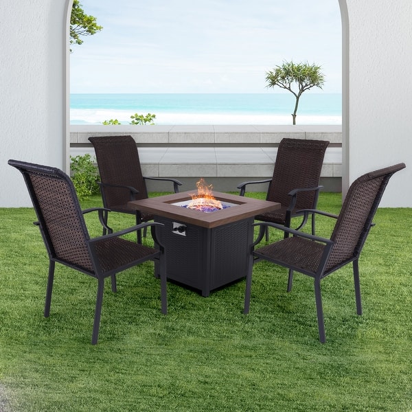 slide 2 of 10, PHI VILLA 5-Piece Gas Fire Pit Table Patio Dining Set 28" Gas Fire Pit Table & Rattan High-back Dining Chairs 5-Piece Sets