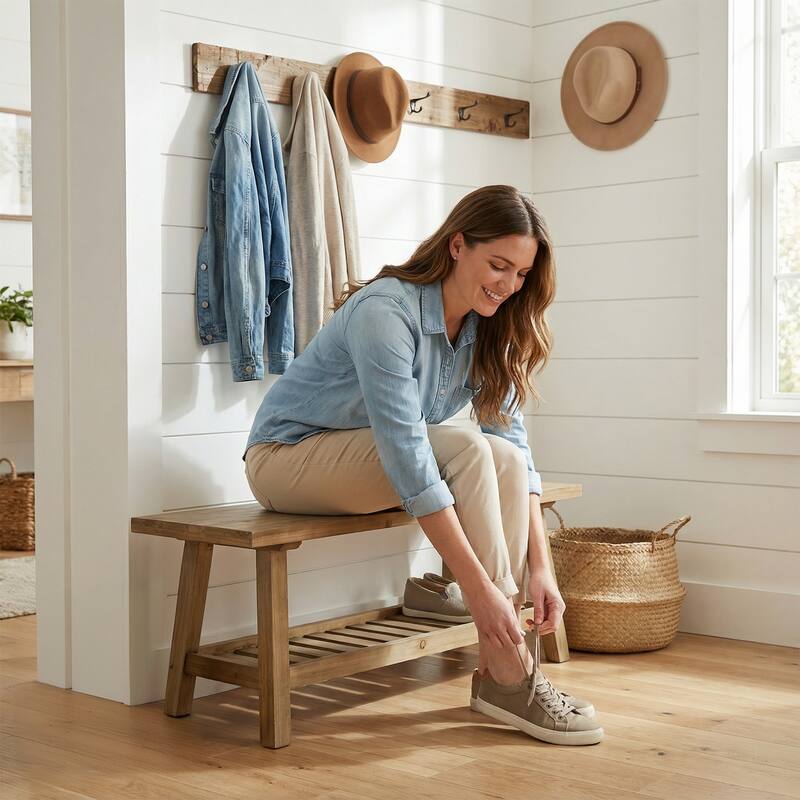 43" Farmhouse Wood Bench, 2-Tier Entryway Bench, Narrow Rustic Storage Bench with Open Storage Shelf for Entryway, Hallway