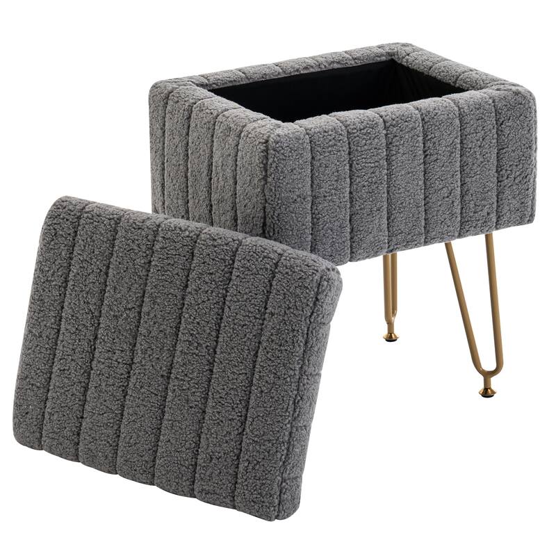 Set of 1 Lamb Wool Fabric Upholstered Storage Ottoman with Matte Golden Legs