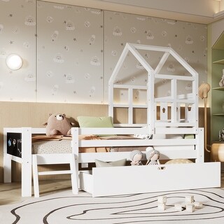 Full Size Platfrom Bed with Ladder and Drawers,House Design Bed with Blackboard