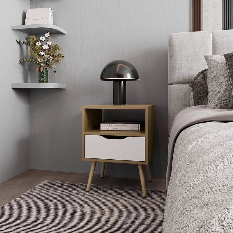 Natural Oak and White Nightstand with Open Storage